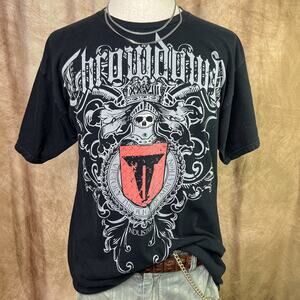 Vintage Y2K Throwdown T-Shirt Medieval Skull Knight Graphic Tee Punk Indie